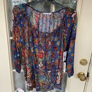 Figueroa & Flower Blue Paisley Boho Tunic Dress – Size L – NWT